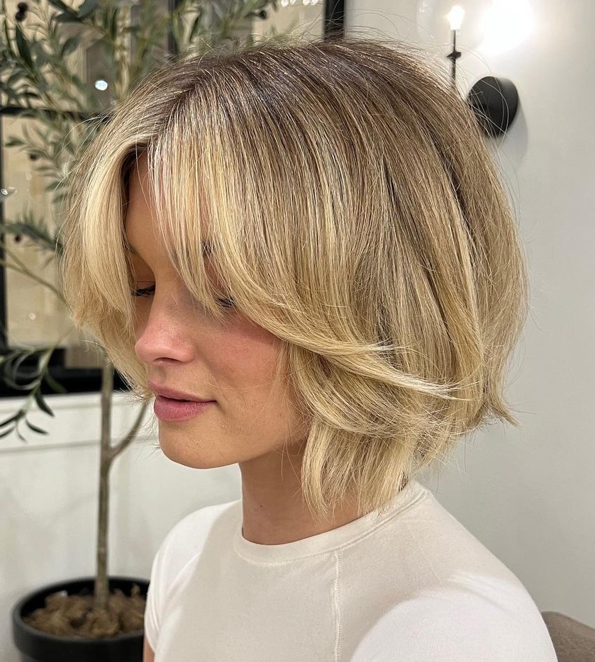 A Line Blonde Bob with Long Feathered Bangs