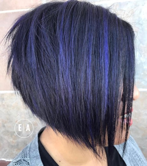 Angled Layered Bob With Purple Highlights