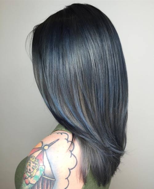 black hair with solver and blue highlights
