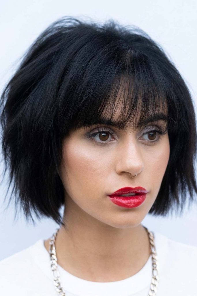 Black Textured Bob with Wispy Bangs