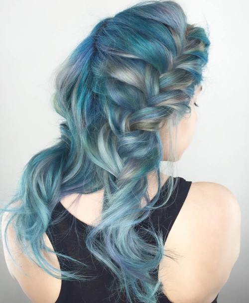blonde and blue hairstyle with two braids