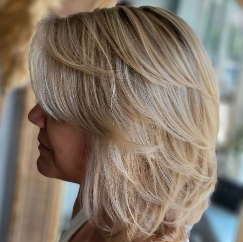 Blonde Lob with Feathered Layers