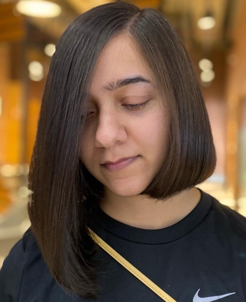 Brown Asymmetrical Bob with Side Part