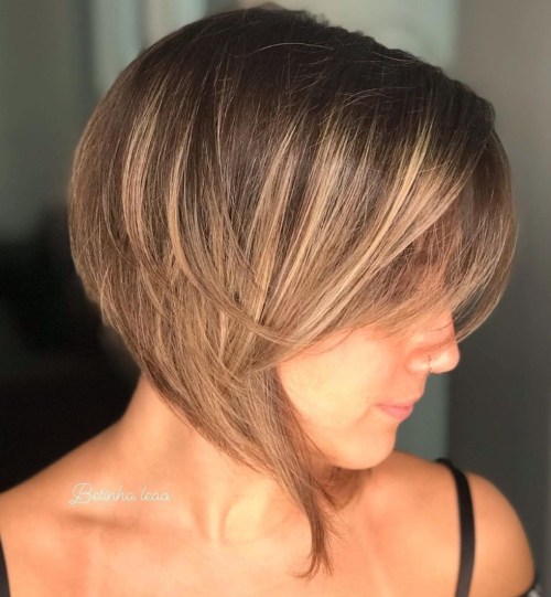Chin Length Angled Bob with Wide Bangs and Subtle Highlights