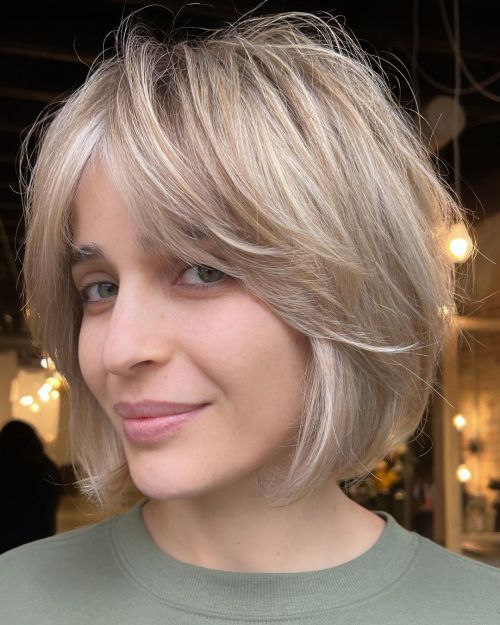 Chin Length Ash Blonde Bob with Curtain Bangs