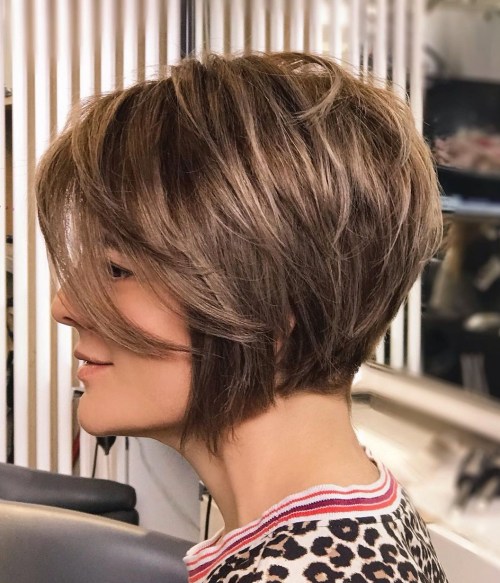 Chocolate Brown Feathered Pixie Bob with Side Bangs