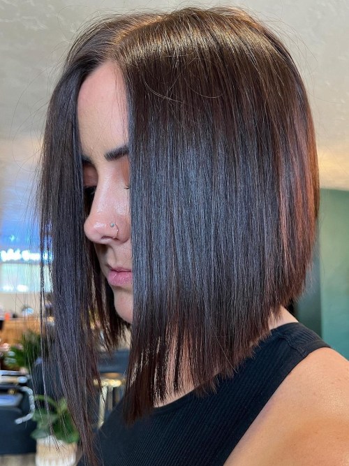 Dark Brown Asymmetrical Bob with Middle Part