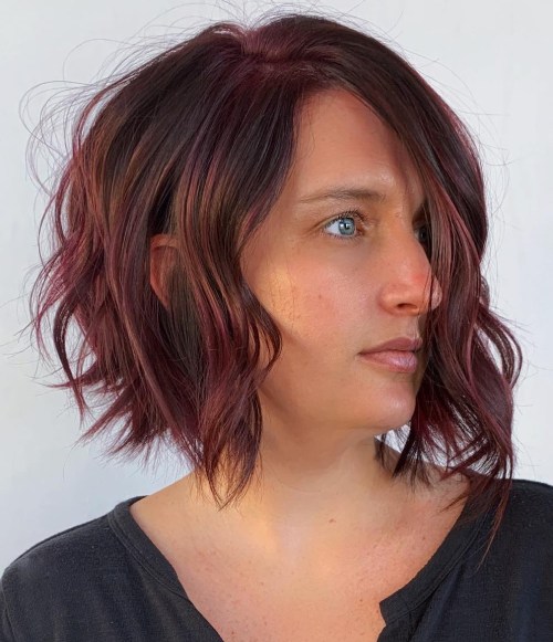 Dark Red Wavy Asymmetrical Bob