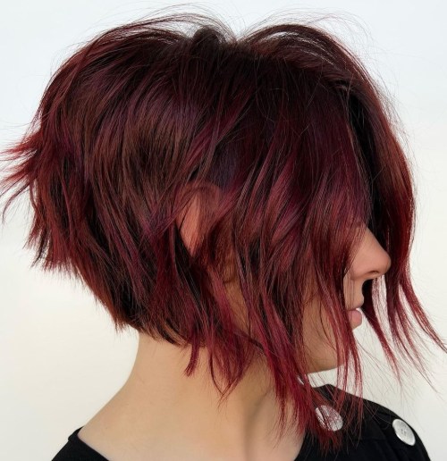 Deep Red Choppy Layered Bob