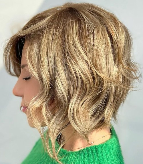 Layered Caramel Blonde Bob with Waves and Side Bangs