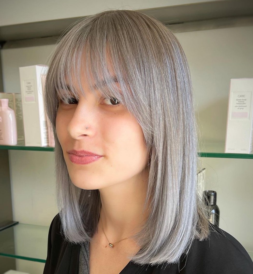 Light Gray Straight Lob with Eye Skimming Thin Bangs