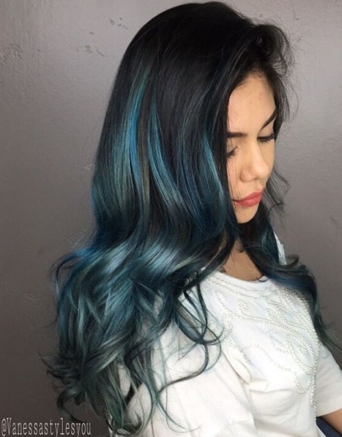 long black hair with blue highlights