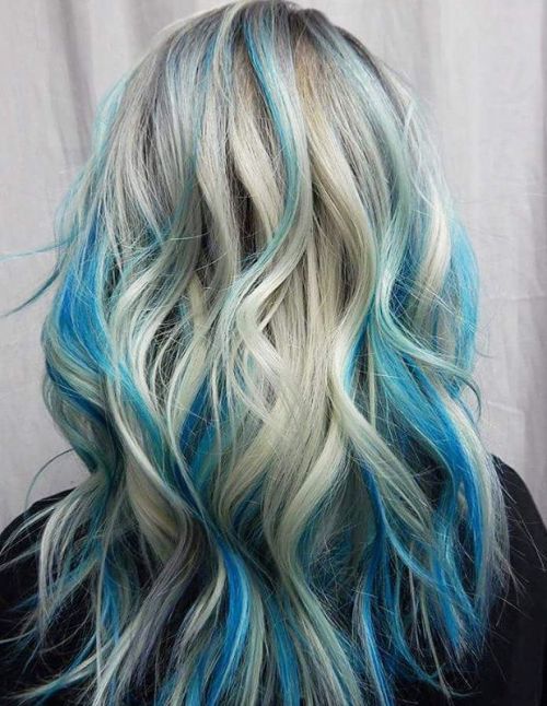 long blonde hair with pastel blue highlights