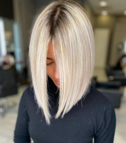 Long Platinum Blonde Bob with Shadow Roots