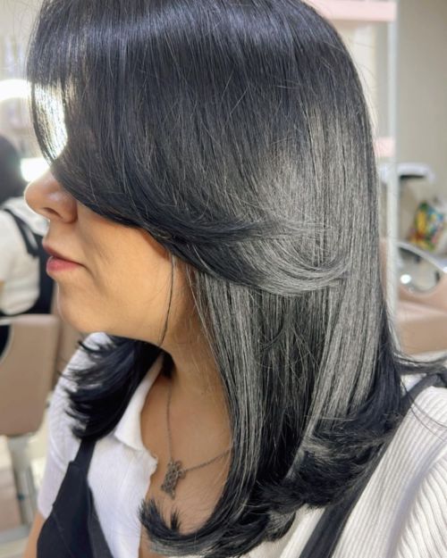 Long Sleek Jet Black Bob with Feathered Bangs