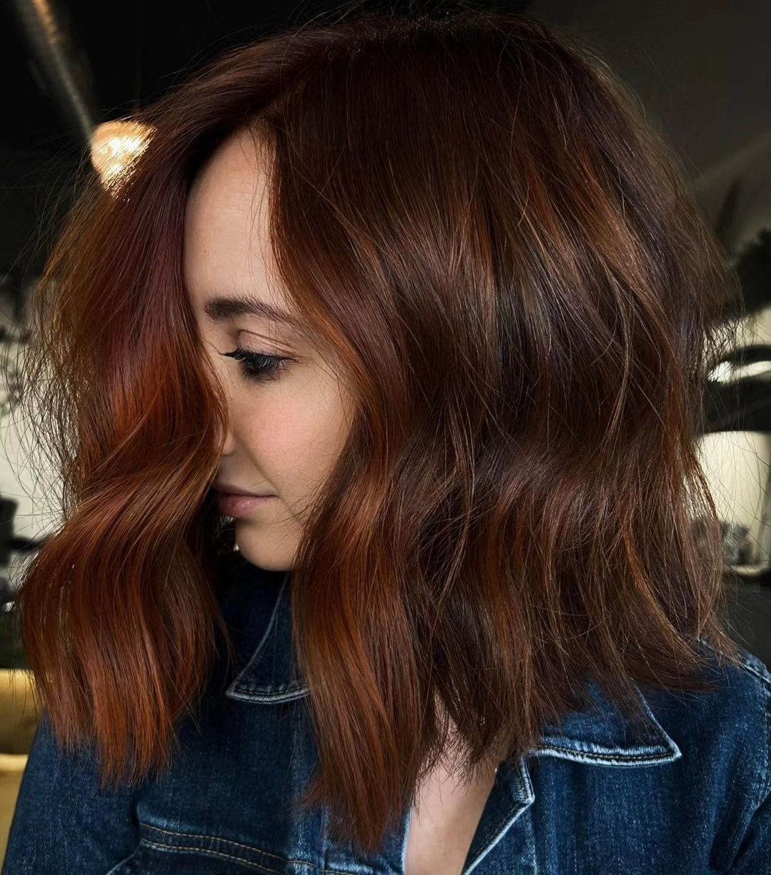 Side Parted Brown Lob with Copper Tones