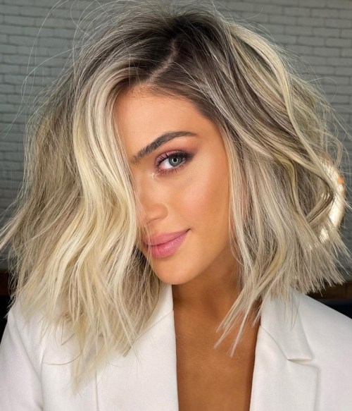 Tousled Long Blond Bob with Dark Roots