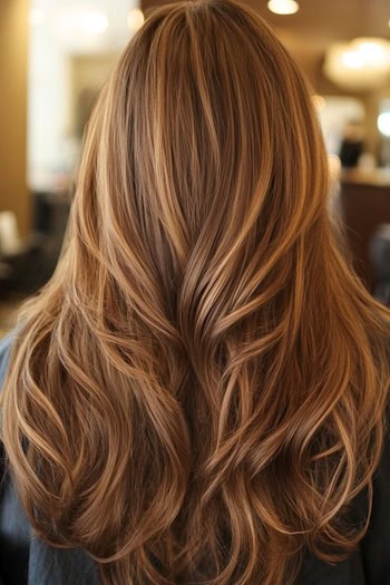 Long Dark Brown Hair with Warm Caramel Layers Hairstyle on a woman with long brown hair, from back in hair salon.